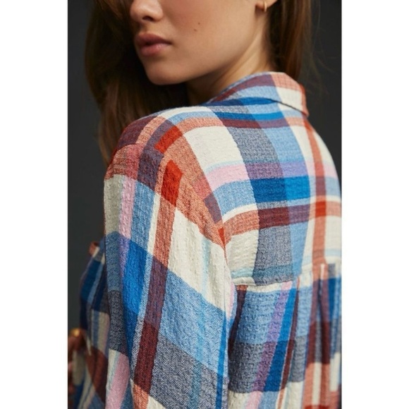 Anthropologie Pilcro Hadley Relaxed Buttondown Shirt Red White Blue Plaid 1X - Picture 6 of 16